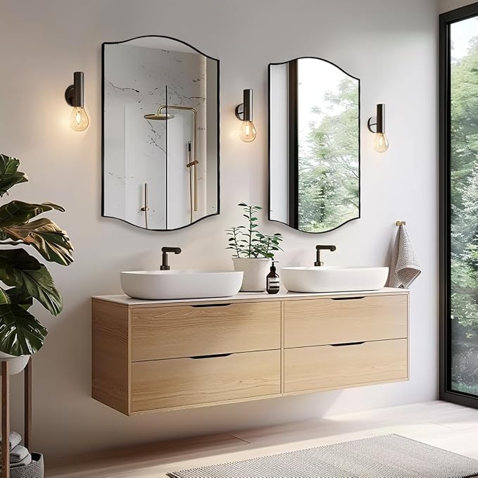ANDY STAR 24"x36" Black Bathroom Mirror, Rectangle Scalloped Wall Mirror in Stainless Steel Metal Frame, Modern Matte Black Finish with Curved Edge Design, Wall-Mount Vertically or Horizontally