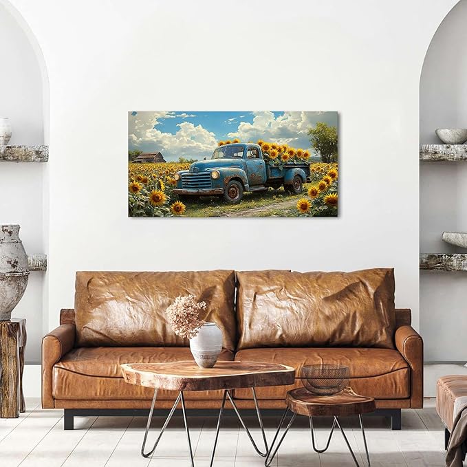 Sunflower Pictures Wall Decor Farmhouse Barn Truck Wall Art Sunflower Field Canvas Prints for Bedroom Bathroom Vintage Yellow Flowers Landscape Painting Artwork for Living Room Home Decorations 20x40"