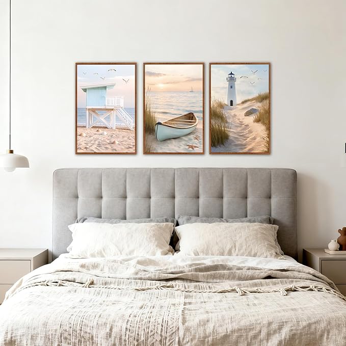 KAlRNE Coastal Ocean Wall Art Set of 3(16’’X24’’),Framed Pastel Canvas Prints with Lighthouse & Boat Paintings, Neutral Coastal Scenery Pictures for Living Room Bedroom, Large Beach Wall Art Framed
