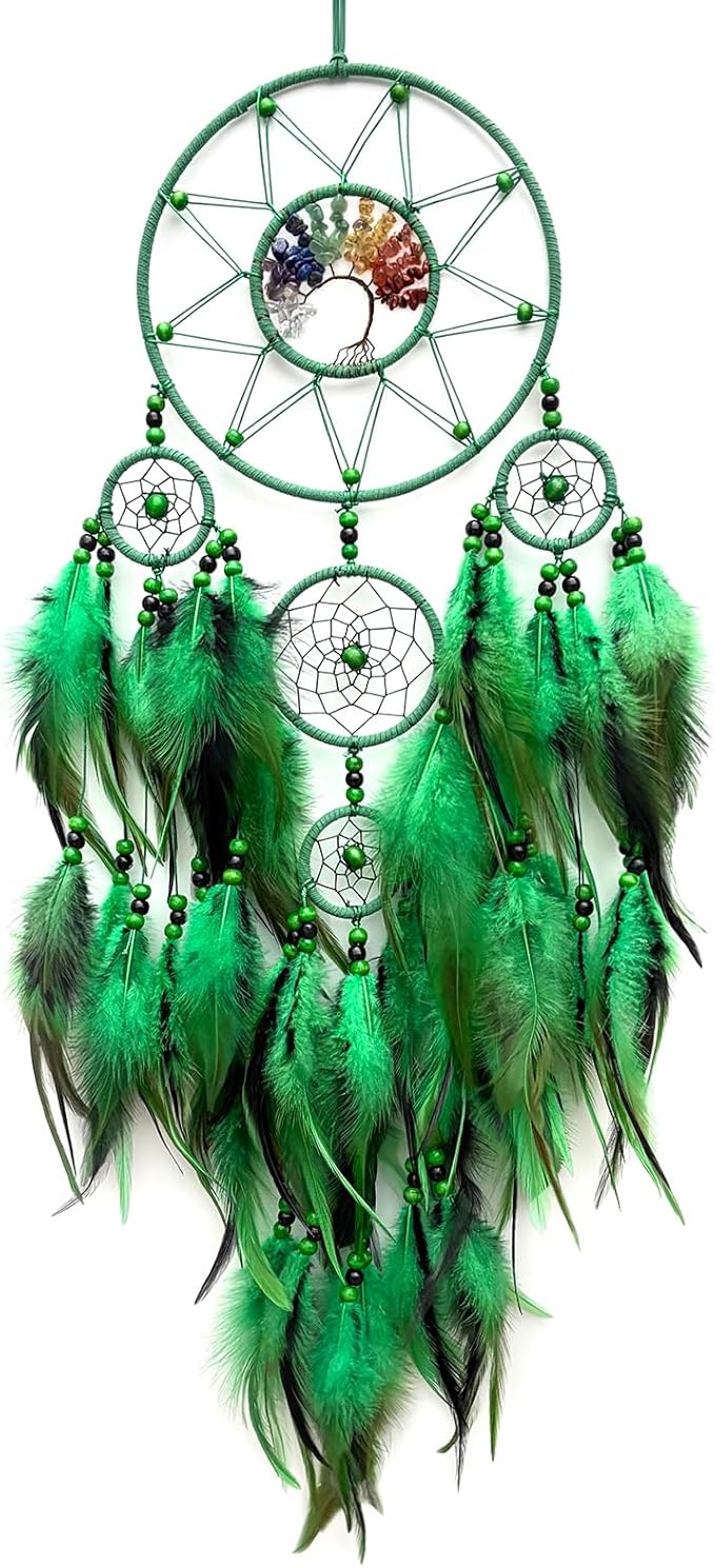 Green Large Dream Catcher Wall Decor Crystal Tree of Life Dream Catchers Handmade Feather Dreamcatcher Wall Hanging Ornament for Bedroom Living Room Home Decor