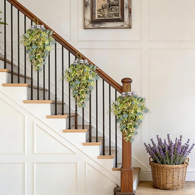 2 Pcs Eucalyptus Leave Swags, Greenery Teardrop Swag with Berries and Bow, 20 Inch Spring Summer Floral Swags for Front Door, Wall, Mantel and Window