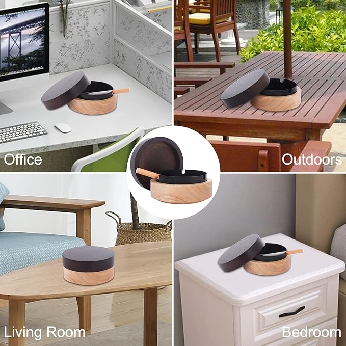 Portable Cool Ashtrays for Cigarettes Ash Tray with Lid FriyGardcn Wooden Ashtray with Cute Decorative Windproof Ash Tray for Home,Patio,Office,Outdoors,Indoor,Parties