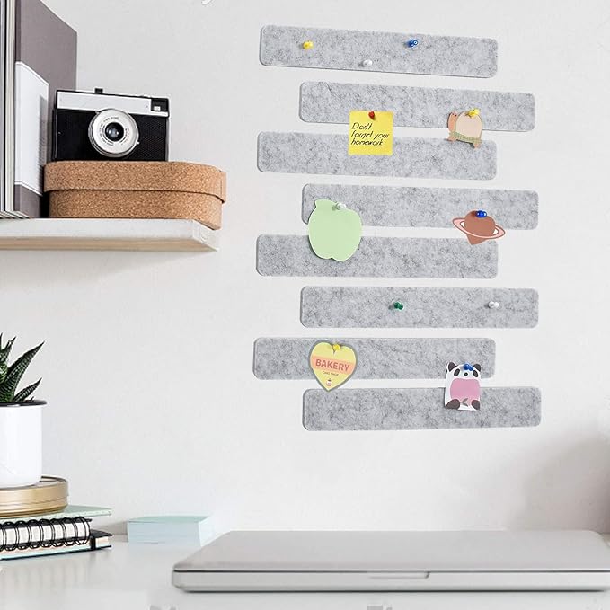 Vuzvuv 8Pcs Light Grey Cork Board Bar Strips with 50 Pushpins & Sticky Notes, Self-Adhesive Bulletin Board Strips No Damage for Wall, Felt Pin Board for Paste Notes, Photos, Schedules Office Decor