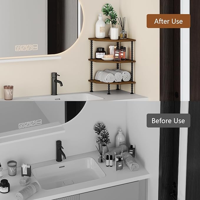 YINMIT Corner Shelf Stand, Standing Corner Display Shelf, Corner Organizer Shelf for Living Room, Bedroom, Bathroom, Kitchen, Small Spaces (Rustic Brown, 3 Tier)