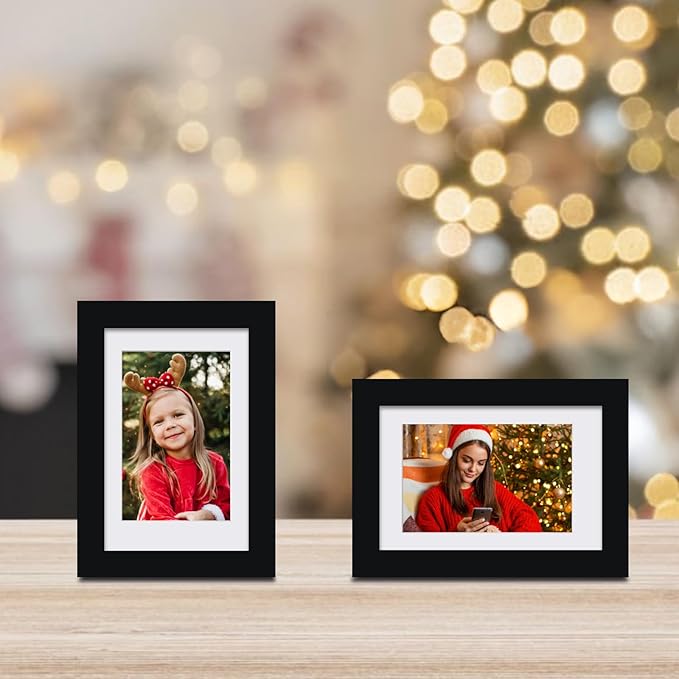 Egofine 4x6 Picture Frames Set of 4, Made of Solid Wood Covered by Plexiglass 3x4.5 and 3.5x5 with Mat or 4x6 without Mat, for Table Top Display and Wall Mounting Photo Frame Black