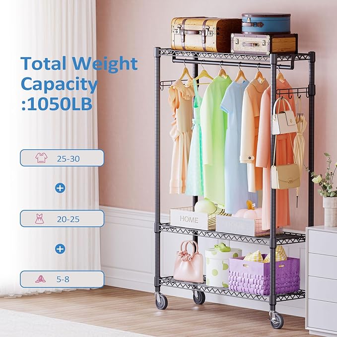IZEUK Heavy Duty Rolling Garment Rack Wire Clothes Rack for Hanging Clothes (Black, 3 Tier with 1 Rod, 15.7" D x 45.3" W x 75.6" H)