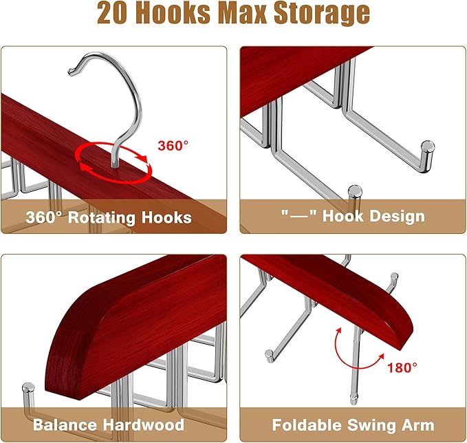 Tie Rack Hanger for Closet, 2 in 1 Belt Tie Hangers with 20 Folding Hooks, 360 Degree Rotating Wooden Tie Holder Organizer for Men Ties Belts Scarves Tank Tops Accessories, Walnut (1 Pack)