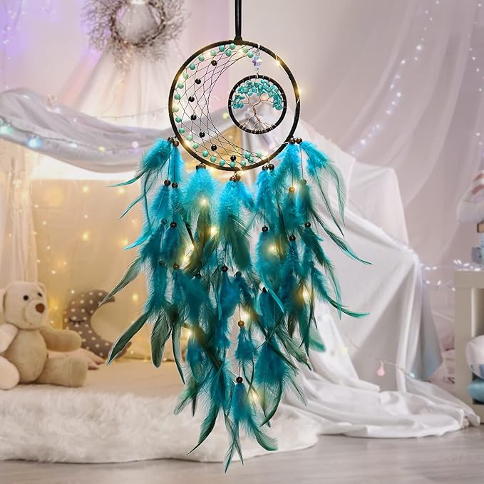 KHOYIME LED Dream Catcher Light Up Tree of Life Dreamcatcher with Healing Crystal Stone Handmade Feather Wall Hanging for Bedroom Bohemian Home Decor Wedding Ornament Craft Gift (Blue&Green)