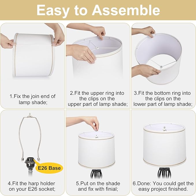 Lampshades Set of 2 for Table Lamps, Floor Lamps, Fabric White Lamp Shades 11.6" Top x 12.6" Bottom x 9.8" High, Drum Lampshades(Spider Fitter), Medium Lamp Shades Replacement, Easy Assembly Required