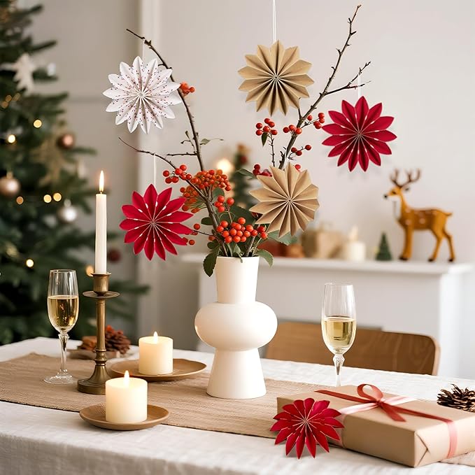 EASY JOY Christmas Hanging Decorations-9Pcs Small Christmas Paper Ornaments 3D White Red Brown Snowflake Ornaments Xmas Tree Decorations Outdoor Indoor for Xmas Boho New Year Home Decor
