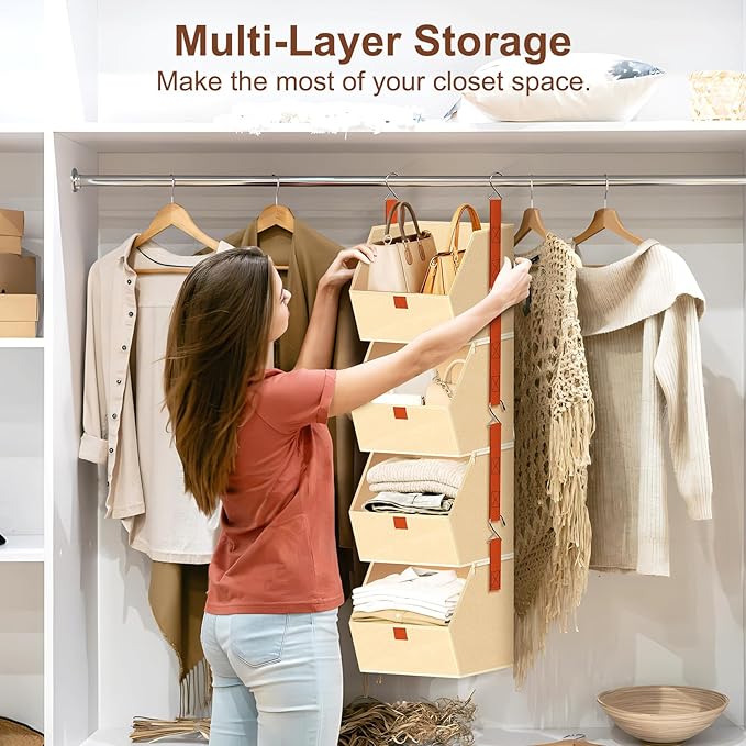 4-Tier Hanging Closet Organizer and Storage with Detachable Bins, Fabric Hanging Shelves for Closet, Dorm, Rv, Space-Saving Collapsible Basket for Handbags, Clothes (47” H)
