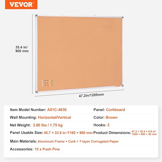 VEVOR 48"x36" Large Cork Board – Wall-Mounted Bulletin Board with Pin Board – Perfect for School, Home, Office