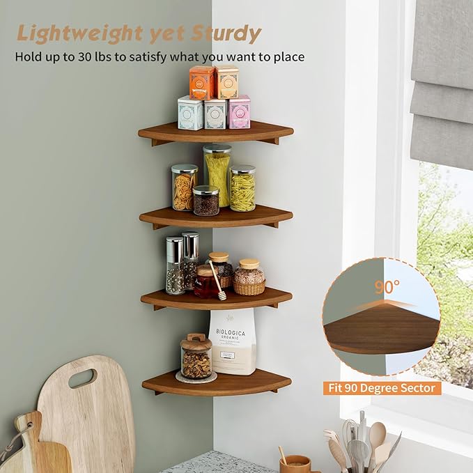 Forbena Walnut Brown Floating Corner Shelves for Wall 4-Pack, Small Corner Wall Shelves for Kids Room, Cute Wooden Hanging Corner Shelf for Bedroom Bathroom Decor, Living Room, Small Spaces