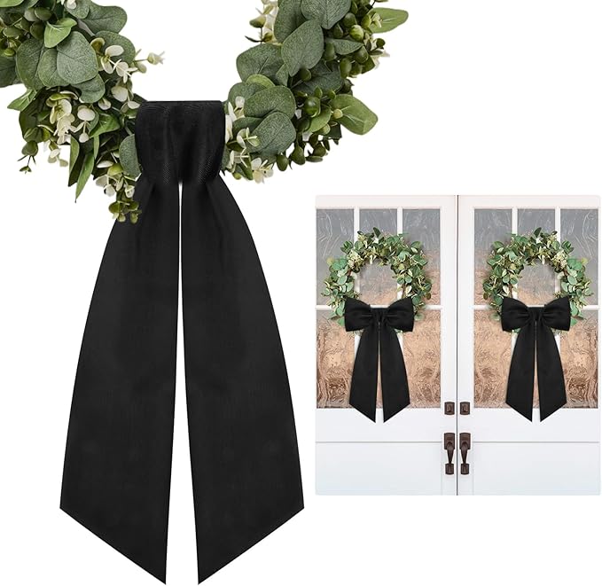 2 Pcs Black Wreath Sash for Front Door Linen Wreath Ribbon Bow for Yard Porch Garland Home Decor