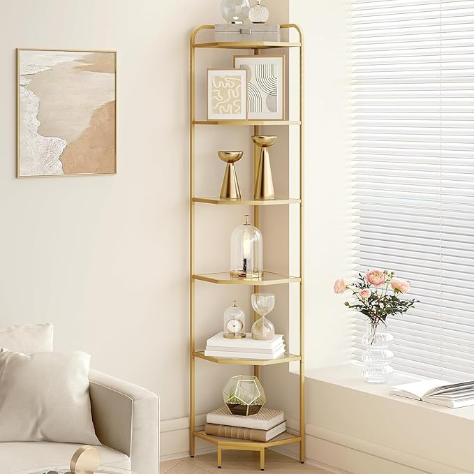 Hzuaneri Corner Shelf Stand, 6-Tier Glass Bookshelf Bookcase, Bathroom Organizer, Plant Stand, Steel Frame, Tempered Glass, Modern Style for Living Room, Bathroom, Kitchen, Golden CS90600G