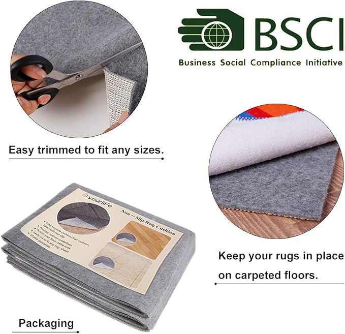 Non Slip Rug Pad Grippers - 3x5 Ft, 1/8" Thick, (Felt + Rubber) Double Layers Area Carpet Mat Tap, Provides Protection and Cushioning for Hardwood or Tile Floors