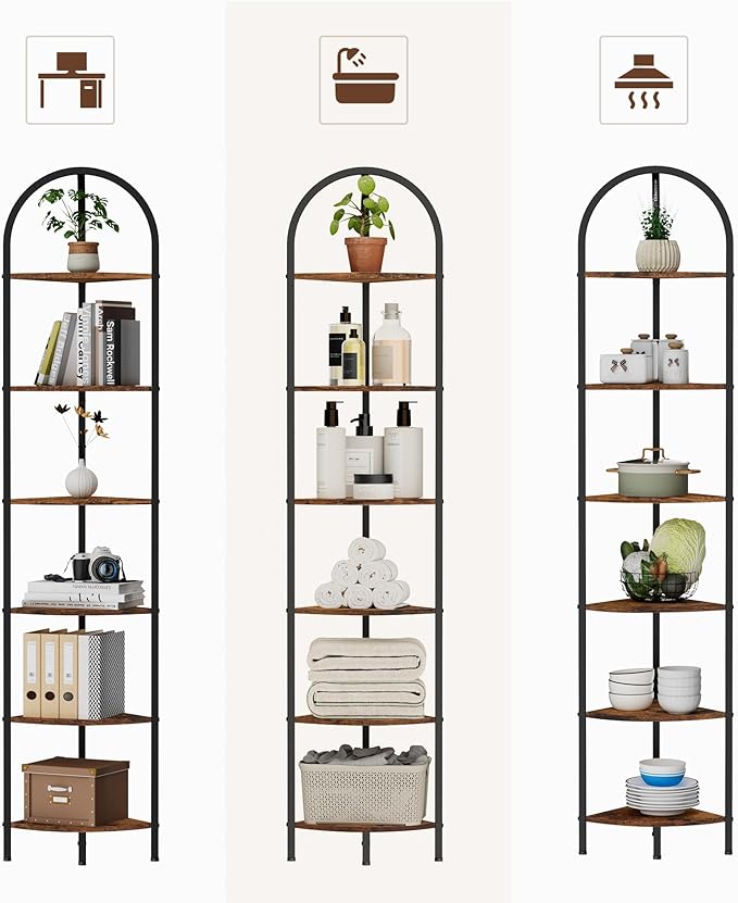 Homhedy 6-Tier Arched Corner Shelf Stand, Wall Corner Bookshelf with Metal Frame, Plant Stand, Industrial Storage Rack Shelf for Living Room, Bedroom, Office, Bathroom, Rustic Brown and Black