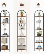 Homhedy 6-Tier Arched Corner Shelf Stand, Wall Corner Bookshelf with Metal Frame, Plant Stand, Industrial Storage Rack Shelf for Living Room, Bedroom, Office, Bathroom, Rustic Brown and Black
