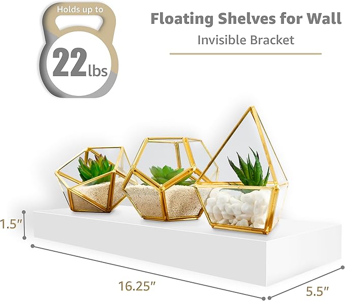 Sorbus Floating Shelves for Wall – 16 Inch Floating Shelf for Kitchen, Bedroom, Living Room, Bathroom, Home & Wall Decor - Mounted Bathroom Shelves with Invisible Brackets (White, 2 Pack)