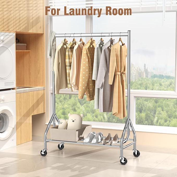 EAGMAK Heavy Duty Clothes Rack Load 420 LBS, Rolling Garment Rack with Lockable Wheels, Standing Metal Clothing Rack with Shelves, Portable Wardrobe Sturdy Coat Rack for Hanging Clothes (Silver)