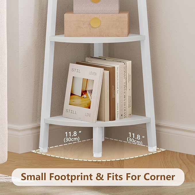 Hoctieon Corner Shelf, 6-Tier Corner Bookshelf, Rustic Ladder Shelf, Industrial Display Stand for Living Room, Kitchen, Home Office, Balcony, Small Space, Metal Frame, White