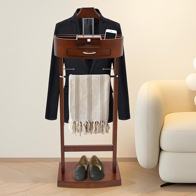 LOYALHEARTDY Valet Stand for Men, Clothes Valet Stand with Drawer, Vintage Suit Stand with Charging Station, Wooden Suit Rack & Trouser Holder,Coat & Tie Organizer for Bedroom Office (Walnut Color)