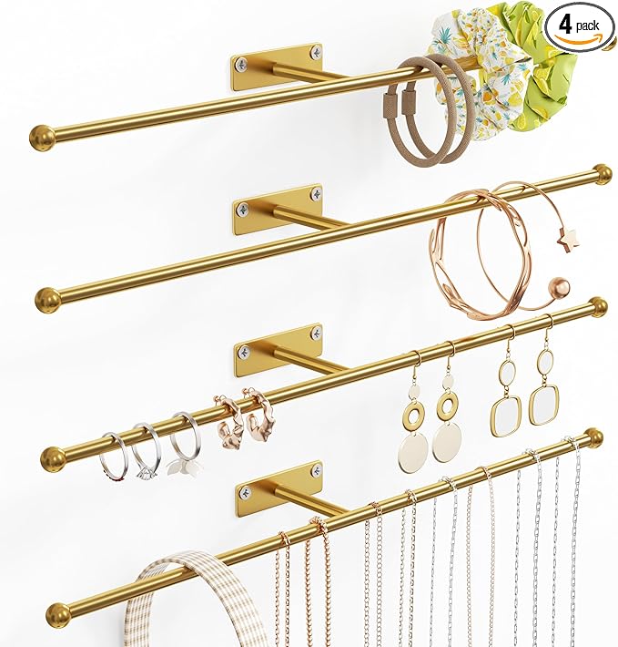 Wall Hanging Jewelry Organizer: 12.6'' Necklace Holder for Earring, Bracelet, Rings, Hairband, Glasses, Gold 4-Pack, Screws Included