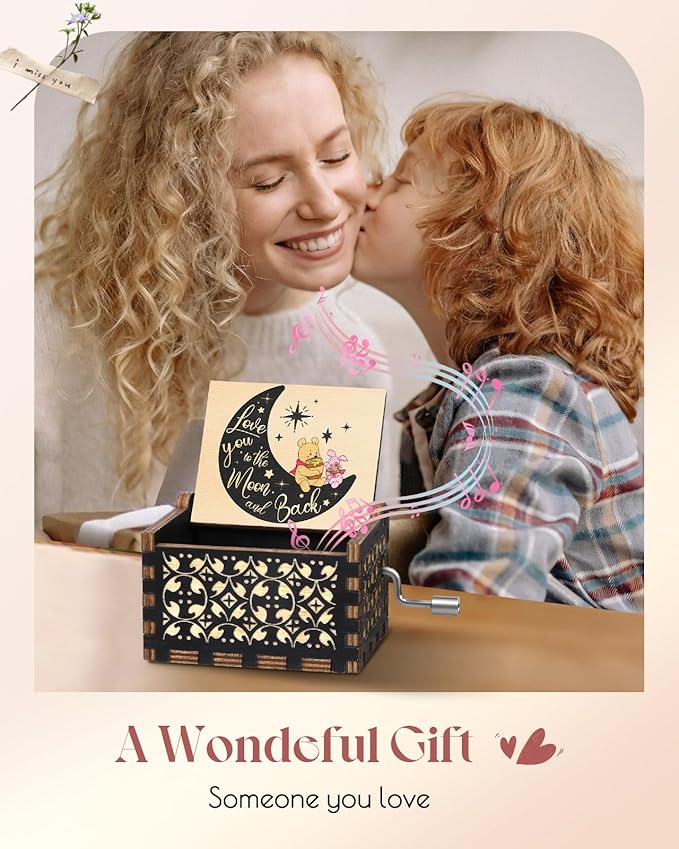 Swooflia Bear Wooden Music Box for Friend - Hand Crank Engraved Musical Box Vintage Mechanism Personalized Gifts for Mom Daughter Niece Granddaughter Grandma Jesus On Birthday