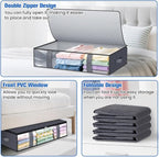 Under Bed Storage Containers, 6 Pack Blanket Storage Bags, Collapsible Storage Bags with Big Zippers, Clear Front, Shoe Storage and Organization for Clothes, Comforter, 60L, Grey