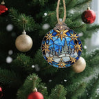 DASTOLL Stained Glass Christmas Decorations, Golden Stars White Snow Scene Suncatcher for Window Christmas Tree Hanging Ornaments Blue Sun Catcher Xmas Decor Gifts for Women Men Mom Nana Friend