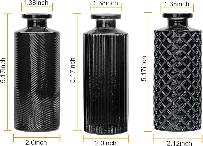Brajttt Glass Bud Vase Set in Bulk, 9pcs Mini Vintage Flower Vases for Wedding,Black Relief Vase for Centerpieces,Home Table Flower Decor, Party Decorations