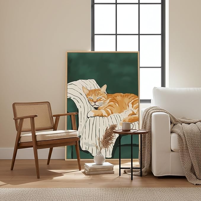Framed Animal Wall Art for Bedroom Wall, Large Cozy Orange Tabby Cat Canvas Painting for Room Decor, Cute Pet Artwork for Walls, Relaxing Picture Print for Nursery Hallway Wall Decor, 24x36 Inch