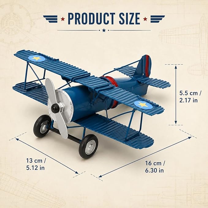 LOGOFUN Vintage Airplane Decor Metal Iron Aircraft Biplane Model Retro Hanging Plane Handicraft Ornament for Home Desktop Decoration - Blue 16.00X13.00X5.50cm