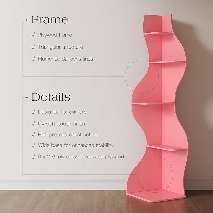 Modern Corner Shelf, 5 Tier High Corner Shelf, Fits Small Spaces, Scalloped Corner Bookcase with Storage Space, Wooden Display Stand for Plants, Books and Decorations, Assorted Colors and Sizes (Pink)