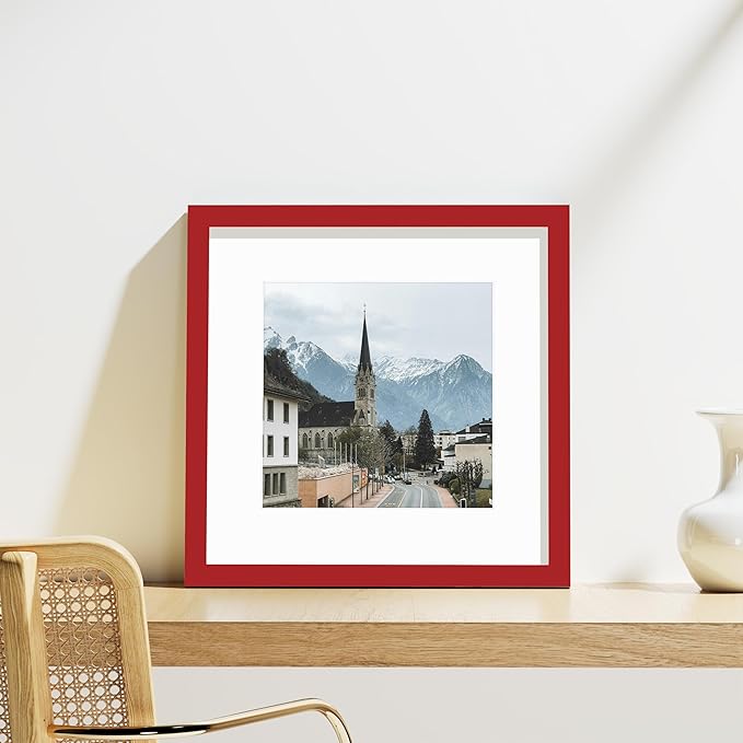 Vittanly 12x12 Picture Frames Set of 9, Shatter Resistant Plexiglass, Display 8x8 Pictures with Mat or 12x12 without Mat, Photo Frames for Wall Mount, Engineered Wood, Red