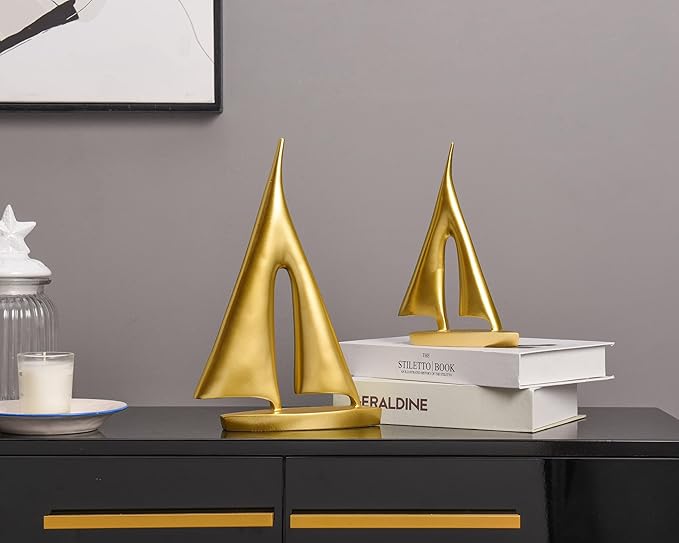 Modern Sculptures Home Decor, Gold Sailboat Decor Ornament, Boat Decorations Statue Decor, Art Sculptures and Statues, Sailboat Gifts Home Office Bathroom Shelf Decor Nautical Decor (2 Pack)