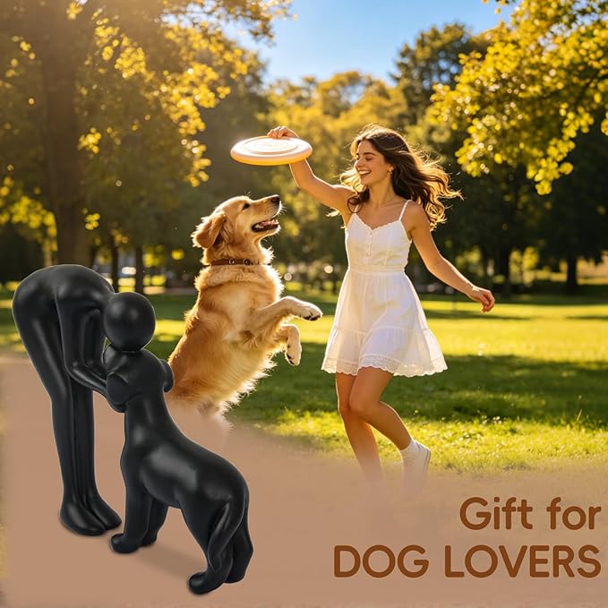 Abstract Resin Hand-Painted Sculpture of Person and Dog Bonding – Head-to-Head Intimate Figurine Decoration for Office、Living Room、Bedroom、Home， Memory Gifts for Pet Lovers (Black)