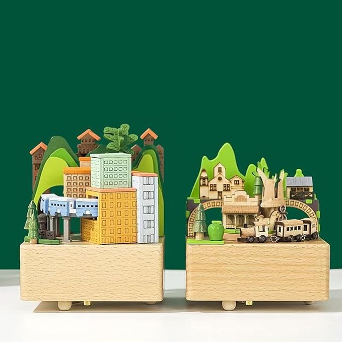 Natural Solid Wood Handcrafted Beech Wooden, Musical FigureTotoro/Carousel/Fairy/Ballerina Figurine,Rotating Hand Crank Mechanism Music Box,Musical Decorations (The Train in the Cavern)