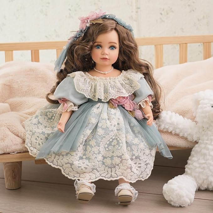 18 Inch Kawaii Porcelain ＆ Fabric Doll Cute European Retro Handmade Ceramic Doll with Showing Stand for Room Decor, Birthday Gifts, Collectible ，Name Olivier (Blue)
