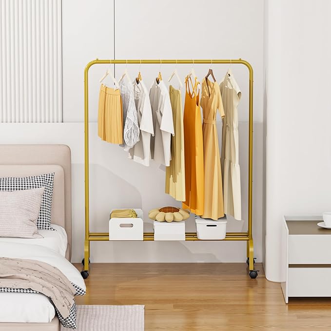 Rolling Clothing Racks for Hanging Clothes, Garment Rack for Clothes to Hang, Metal Portable Wardrobe Rack for Coats, Jackets, Shirts, Dress,Warm Gold