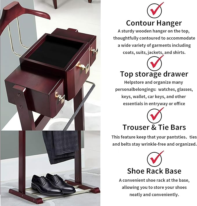 Mens Valet Stand With Top Tray Non-Slip Trouser Bar Clothes Valet Suit Stand Freestanding Clothes Rack For Living Room Entryway Bedroom Office