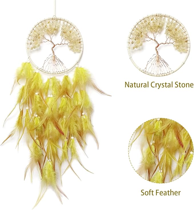 Yellow Dream Catcher Wall Decor Crystal Tree of Life Dream Catchers Handmade Feather Dreamcatcher Wall Hanging Ornament for Bedroom Living Room Home Decor