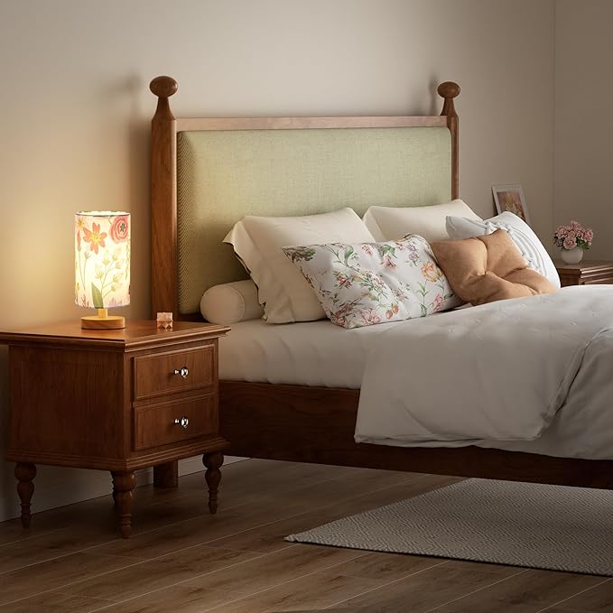 Fenmzee Floral Table Lamp for Bedroom - Inline Control, Small Bedside Lamp with 3000K A15 LED Blub, Easy Assembly (Floral White Shade, 9" Inline Control)