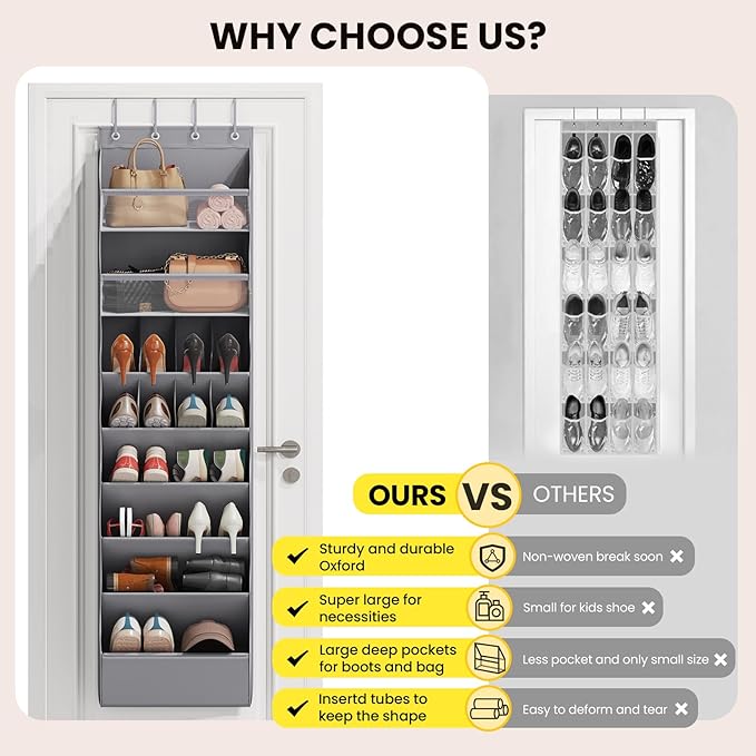 16-20 Pairs Over the Door Shoe Organizer, Clear Pockets Shoe Rack for Closet Door, Hanging Shoe Rack for Boots, Behind the Door Shoe Holder Fit All the Family's Sneakers, Boots, Heels, Grey