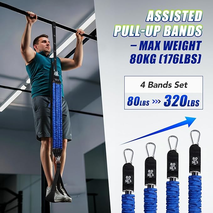 Pull Up Assistance Bands with Foot Support Pedal - Upgraded Heavy Duty Resistance Bands Adjustable Weight/Height with 80Lbs Bands&Measured Strap for Strength Training Home Gym