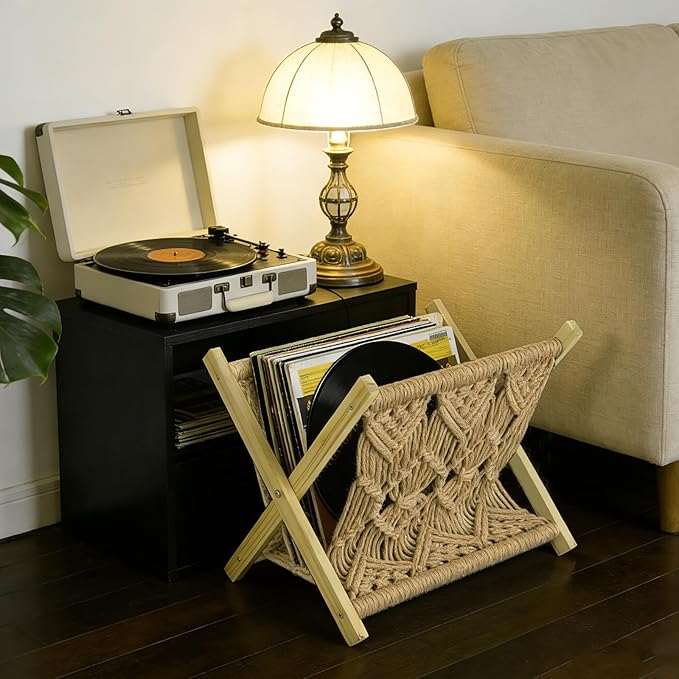 Boho Macrame Magazine Holder,Hand-Woven Magazine Rack for Home Office Desktop, Storage Basket for Letters, Magazines, Books and Newspapers (Brown)