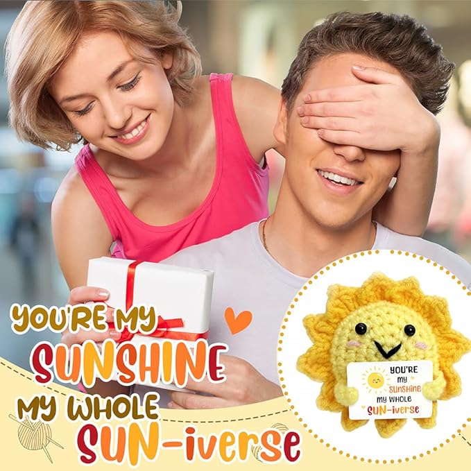 Sunshine Gifts for Girlfriend & Boyfriend, Handmade Positive Crochet Sunshine Doll with Sweet Messages - Crochet Emotional Support Buddies, Positive Gift for Her/Him, Long Distance Relationship Gifts