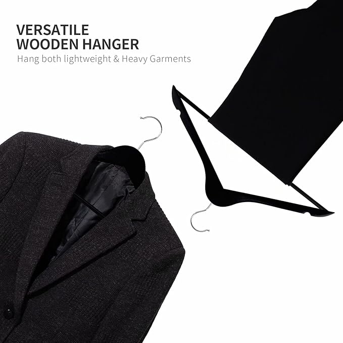ELONG HOME Solid Wooden Hangers 30 Pack, Wood Suit Hangers with Extra Smooth Finish, Precisely Cut Notches & Chrome Swivel Hook, Wooden Clothes Hangers for Shirt Coat Jacket Dress, Black