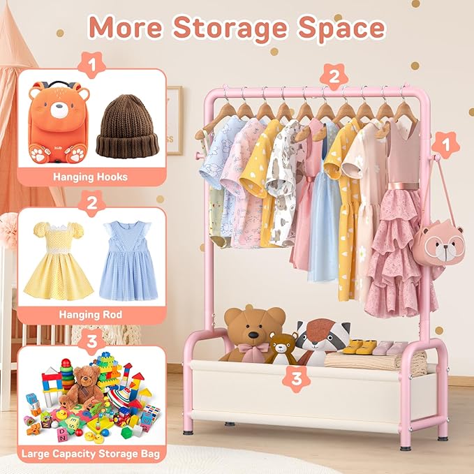 Kids Clothing Rack with Storage Shelf, Kids Dress Up Storage for Coats, Small Baby Garment Rack for Hanging Clothes, Toddler Wardrobe Closet Organizer (Classic, Pink)