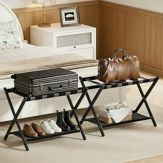2 Pack Bamboo Luggage Rack for Guest Room, 26.77" Folding Wide Suitcase Stand with Fabric Storage Shelf, Thickened Luggage Stand Holder for Bedroom Hotel, Luggage Rack for Suitcases (2 Pack - Black)